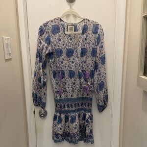 Boho Blue Paisley Mini Dress with Tassels